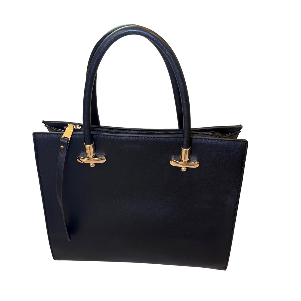 Black Faux Leather Cruelty Free Tote Handbag with Gold Hardware Detachable Strap